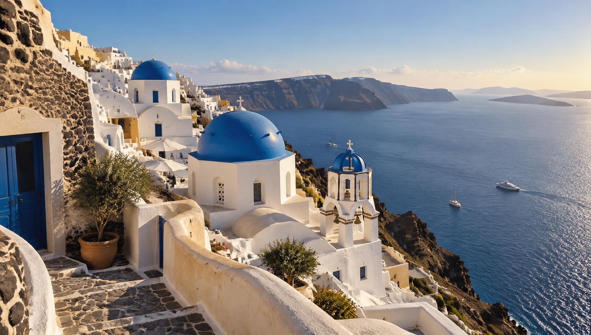 Santorini's whitewashed cliffside and blue domes overlooking the Aegean Sea